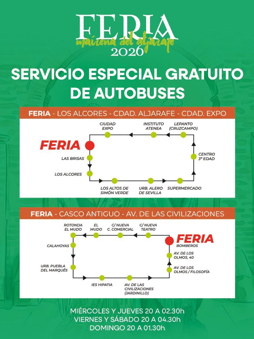 Mairena del Aljarafe habilita un servicio gratuito de autobuses para facilitar el acceso a la Feria 2026