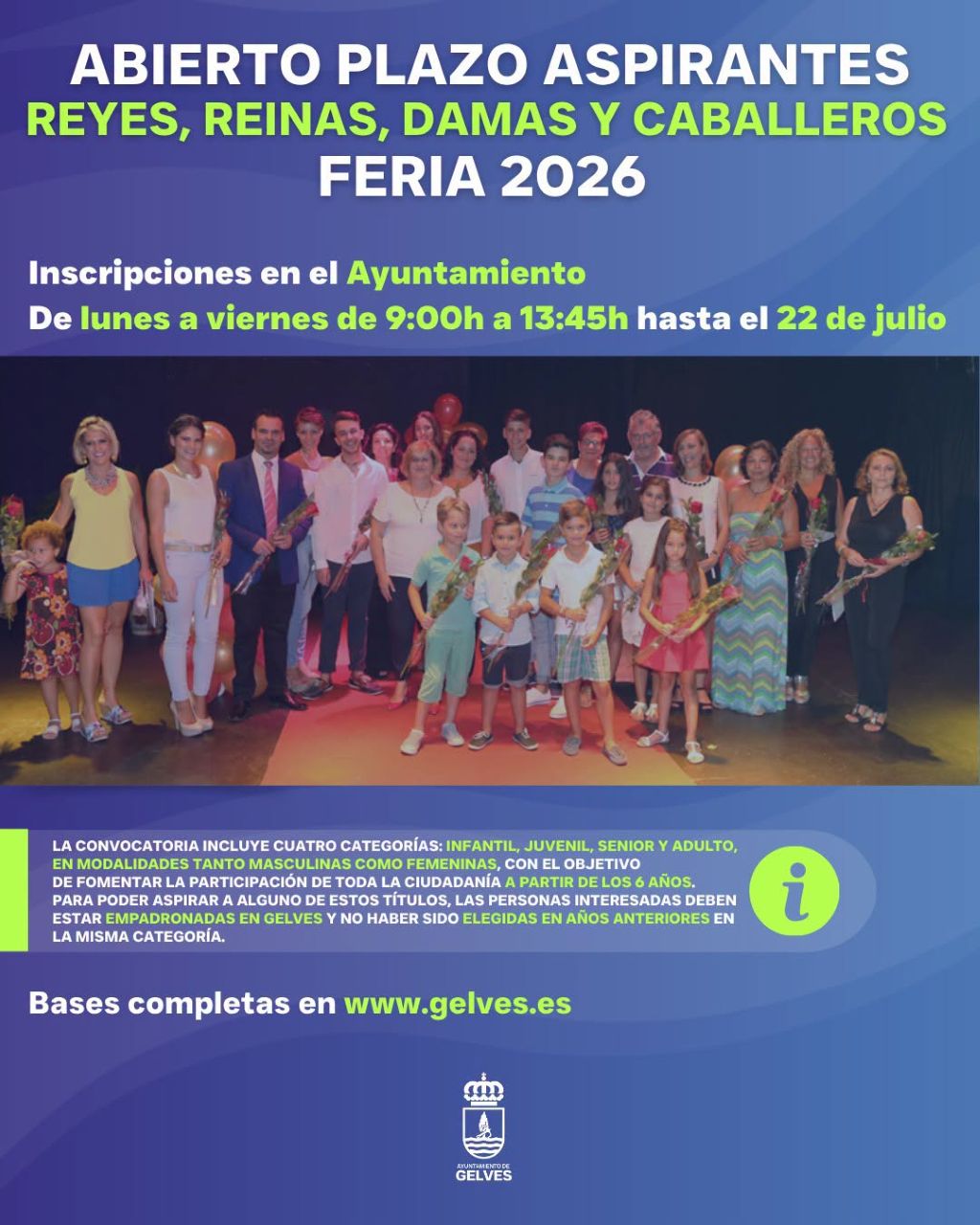 Abierto el plazo para aspirantes a reyes, reinas, damas y caballeros de la Feria y Fiestas Patronales de Gelves 2026