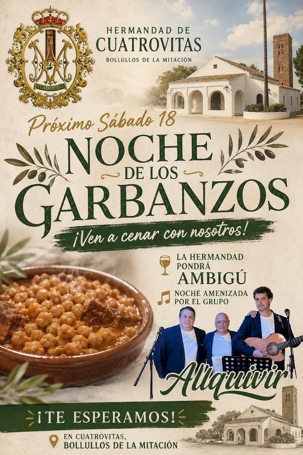 La Ermita de Cuatrovitas acogerá la tradicional Noche de los Garbanzos con música en directo y gastronomía popular