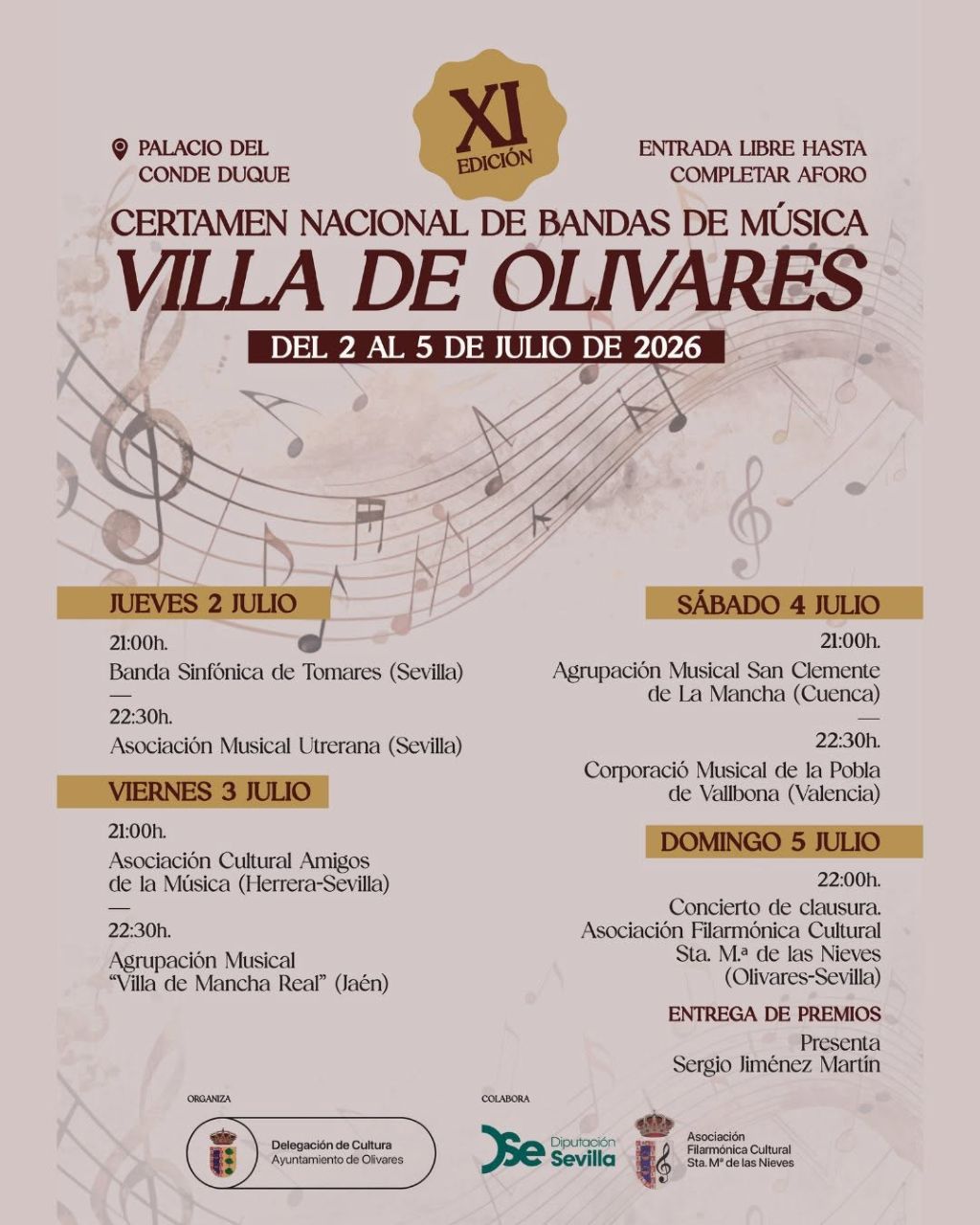 El XI Certamen Nacional de Bandas de Música “Villa de Olivares” reunirá a seis formaciones de distintos puntos de España